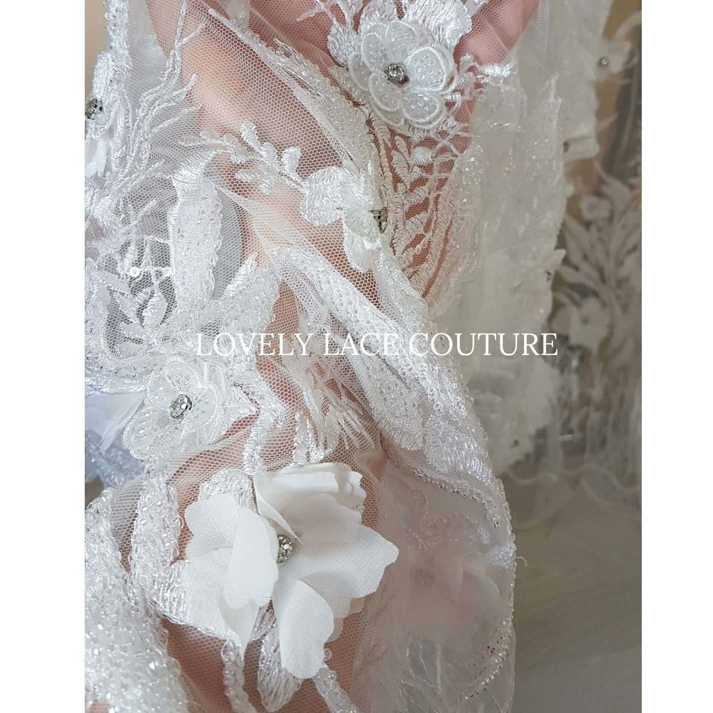 Gorgeous beaded bridal lace fabric with 3d flowers in off-white color, lace for gown, fabric per metre, article LL-1479