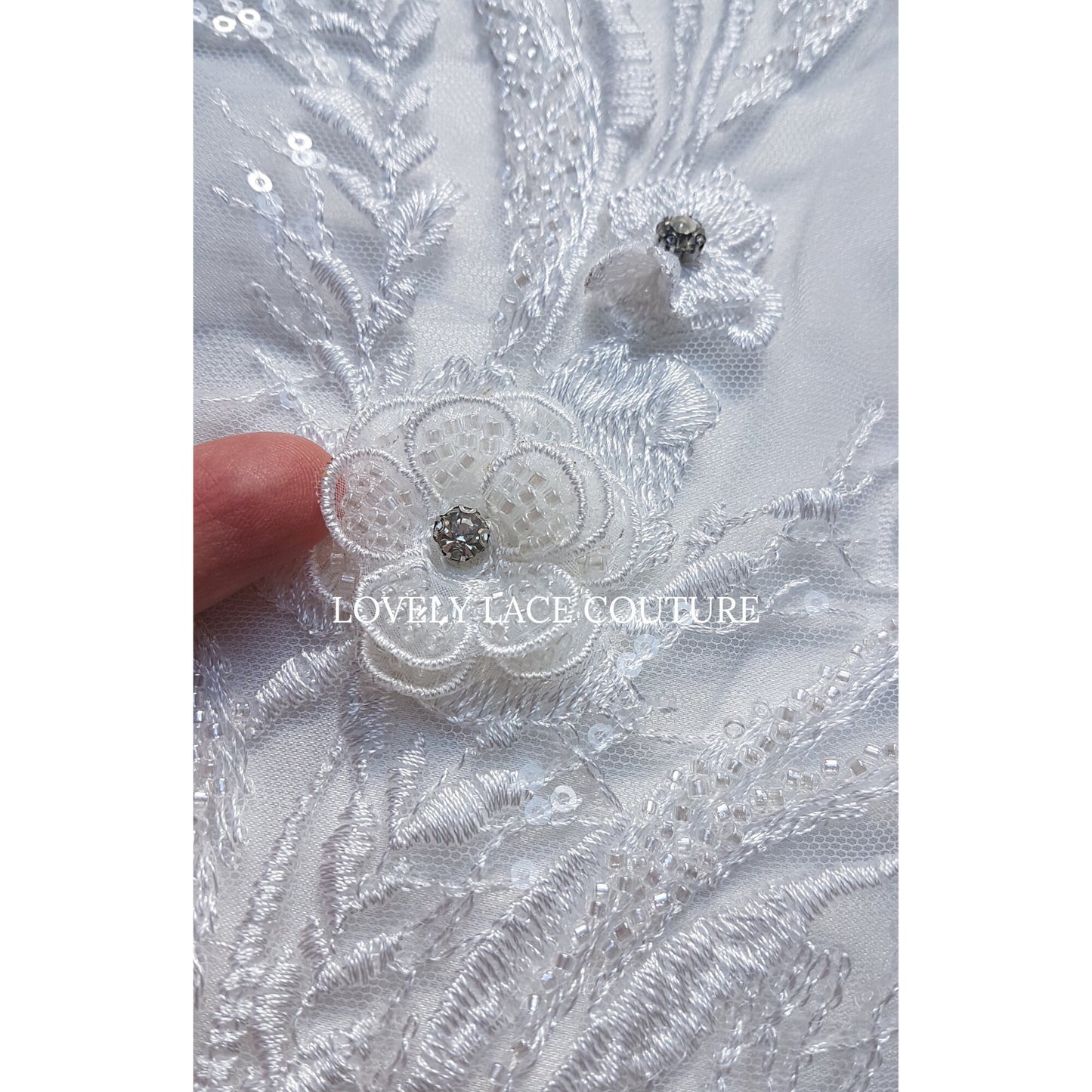 Gorgeous beaded bridal lace fabric with 3d flowers in off-white color, lace for gown, fabric per metre, article LL-1479