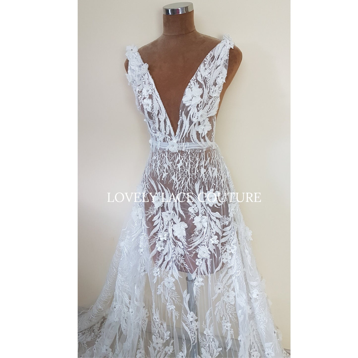 Gorgeous beaded bridal lace fabric with 3d flowers in off-white color, lace for gown, fabric per metre, article LL-1479