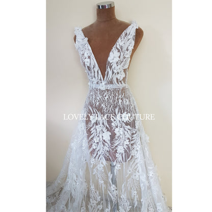 Gorgeous beaded bridal lace fabric with 3d flowers in off-white color, lace for gown, fabric per metre, article LL-1479