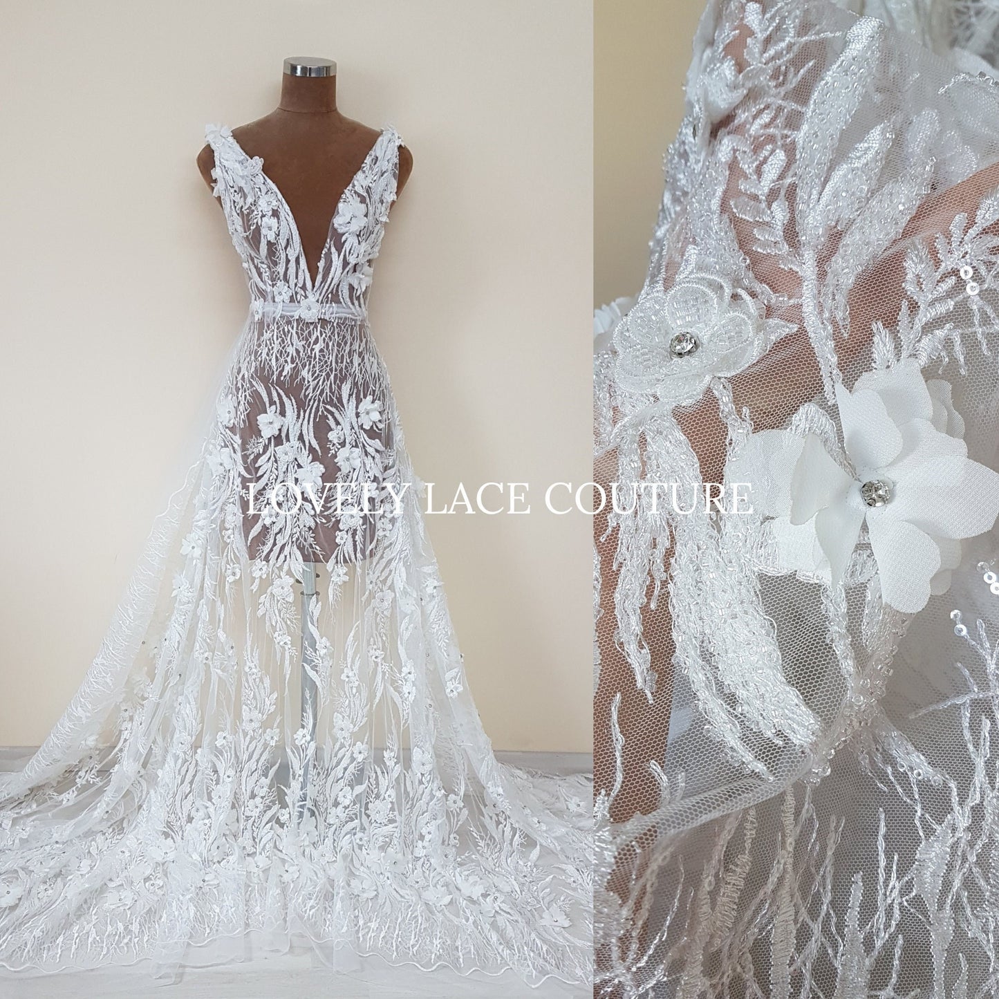 Gorgeous beaded bridal lace fabric with 3d flowers in off-white color, lace for gown, fabric per metre, article LL-1479