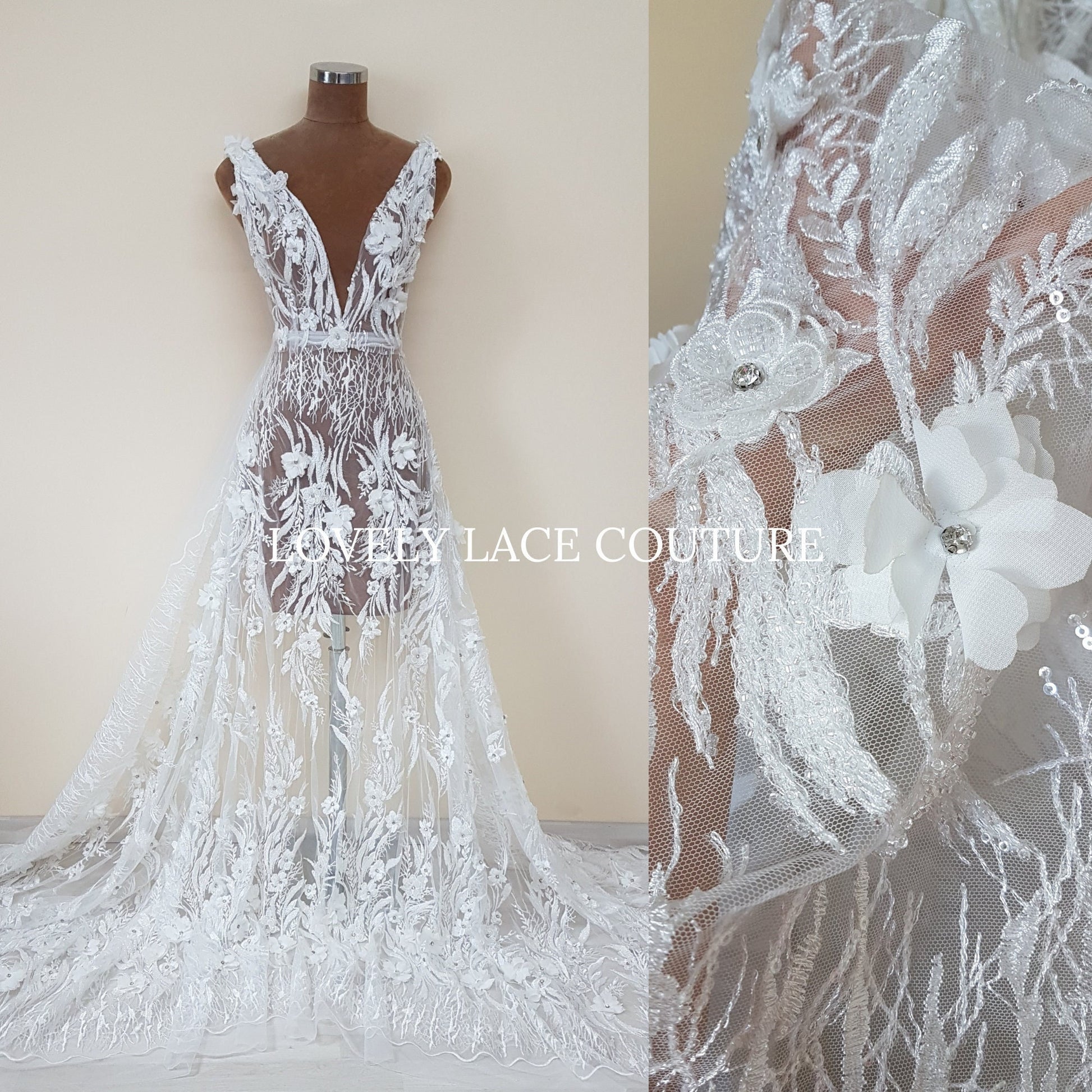 Gorgeous beaded bridal lace fabric with 3d flowers in off-white color, lace for gown, fabric per metre, article LL-1479