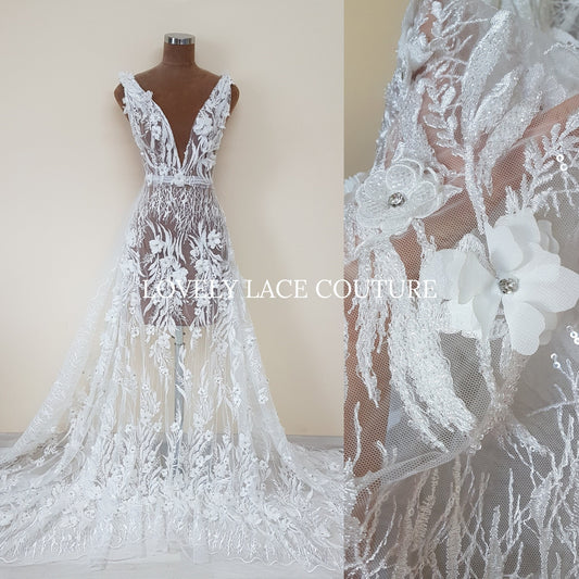 Gorgeous beaded bridal lace fabric with 3d flowers in off-white color, lace for gown, fabric per metre, article LL-1479