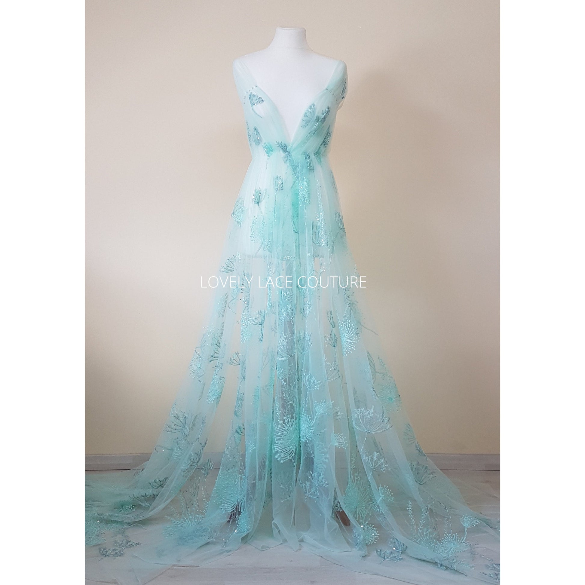 LL-1476, Lovely lace fabric with modern dandelion design, lace per metre, wedding dress lace fabric in mint color