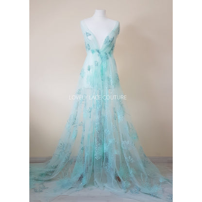 LL-1476, Lovely lace fabric with modern dandelion design, lace per metre, wedding dress lace fabric in mint color
