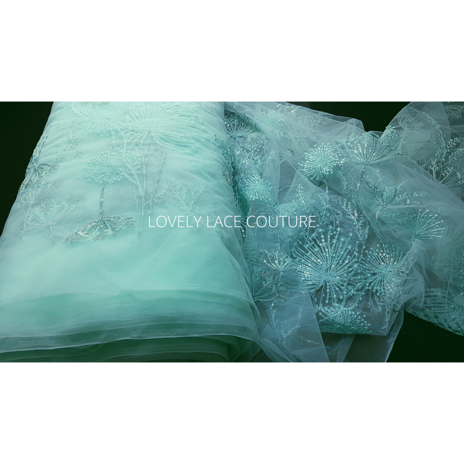 LL-1476, Lovely lace fabric with modern dandelion design, lace per metre, wedding dress lace fabric in mint color