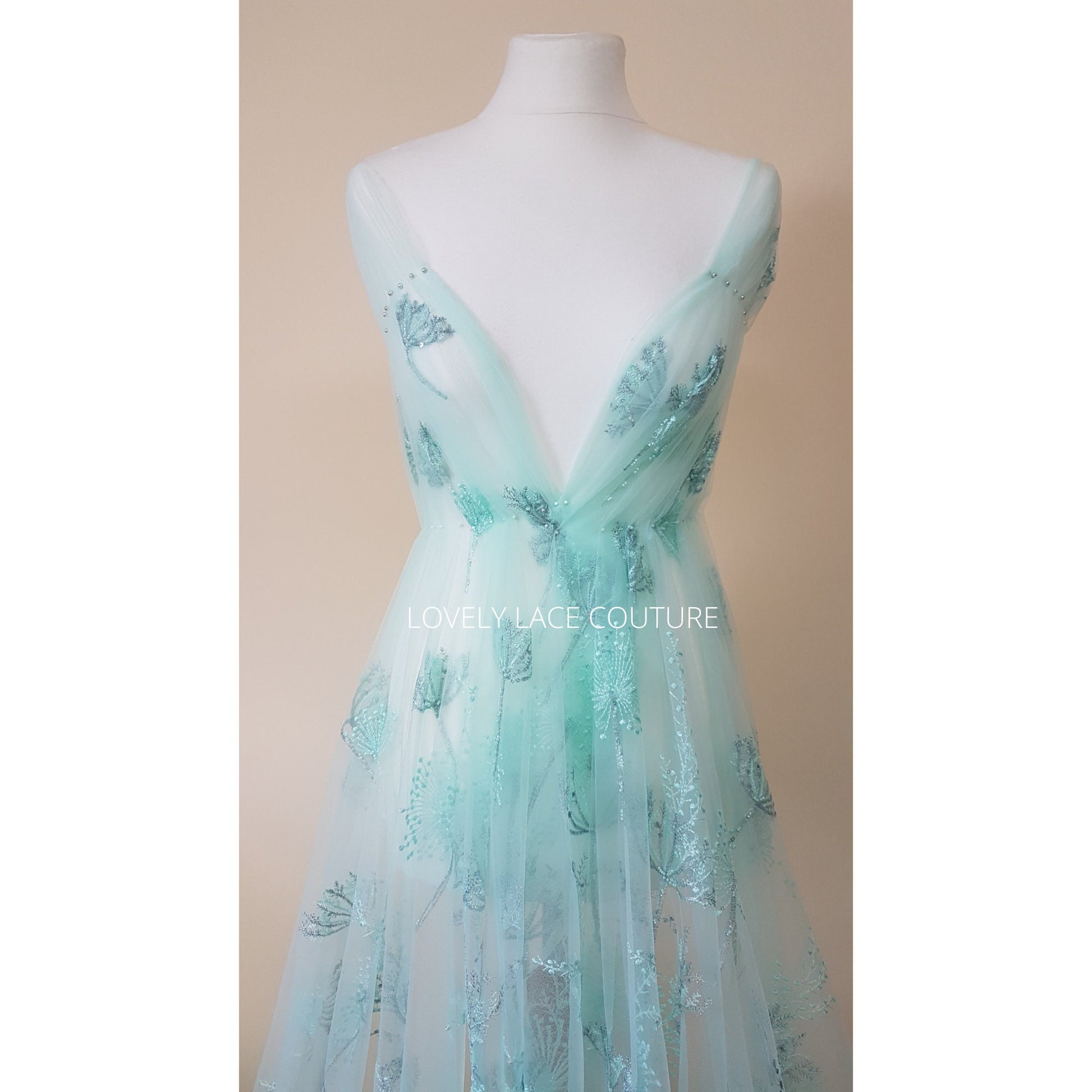 LL-1476, Lovely lace fabric with modern dandelion design, lace per metre, wedding dress lace fabric in mint color