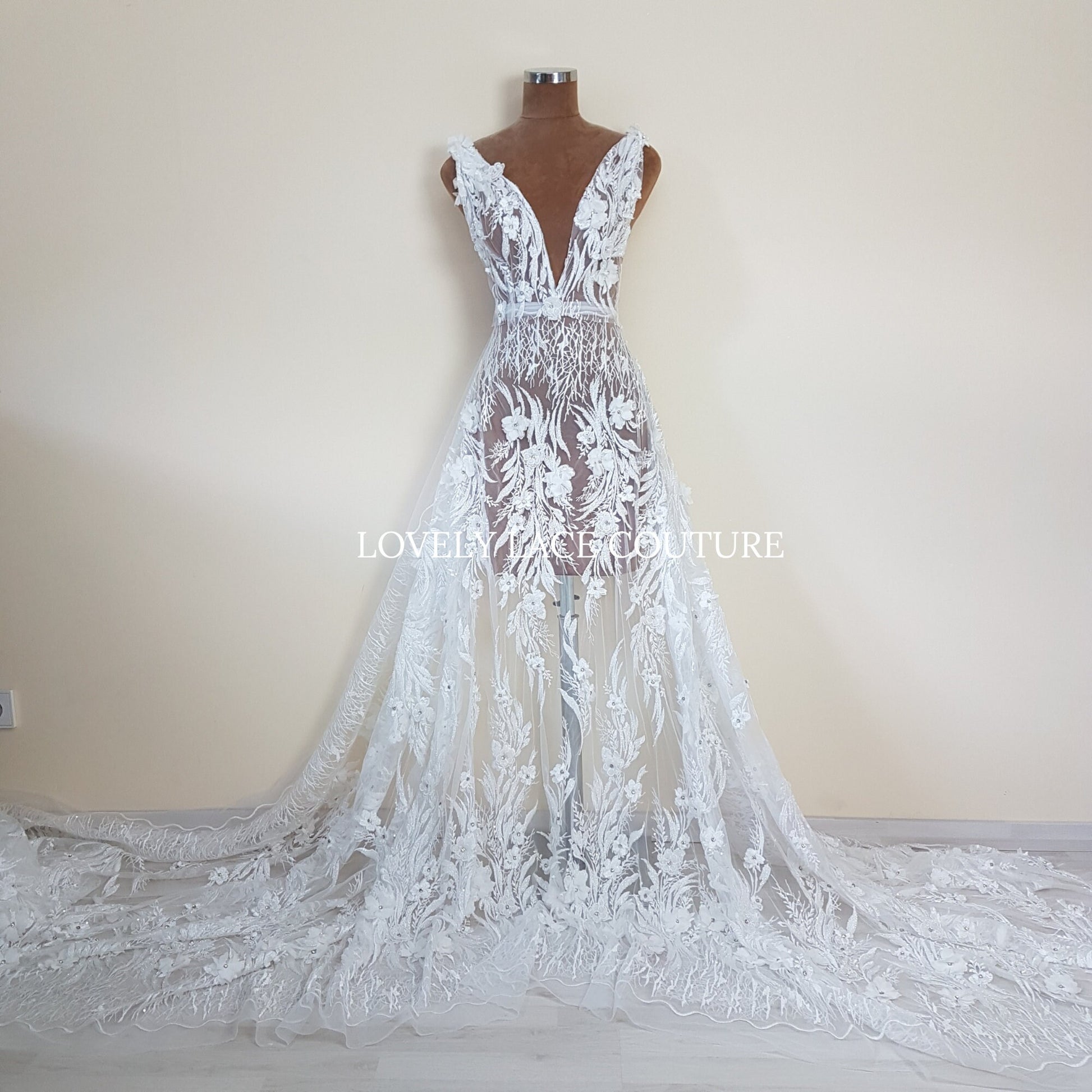 Gorgeous beaded bridal lace fabric with 3d flowers in off-white color, lace for gown, fabric per metre, article LL-1479