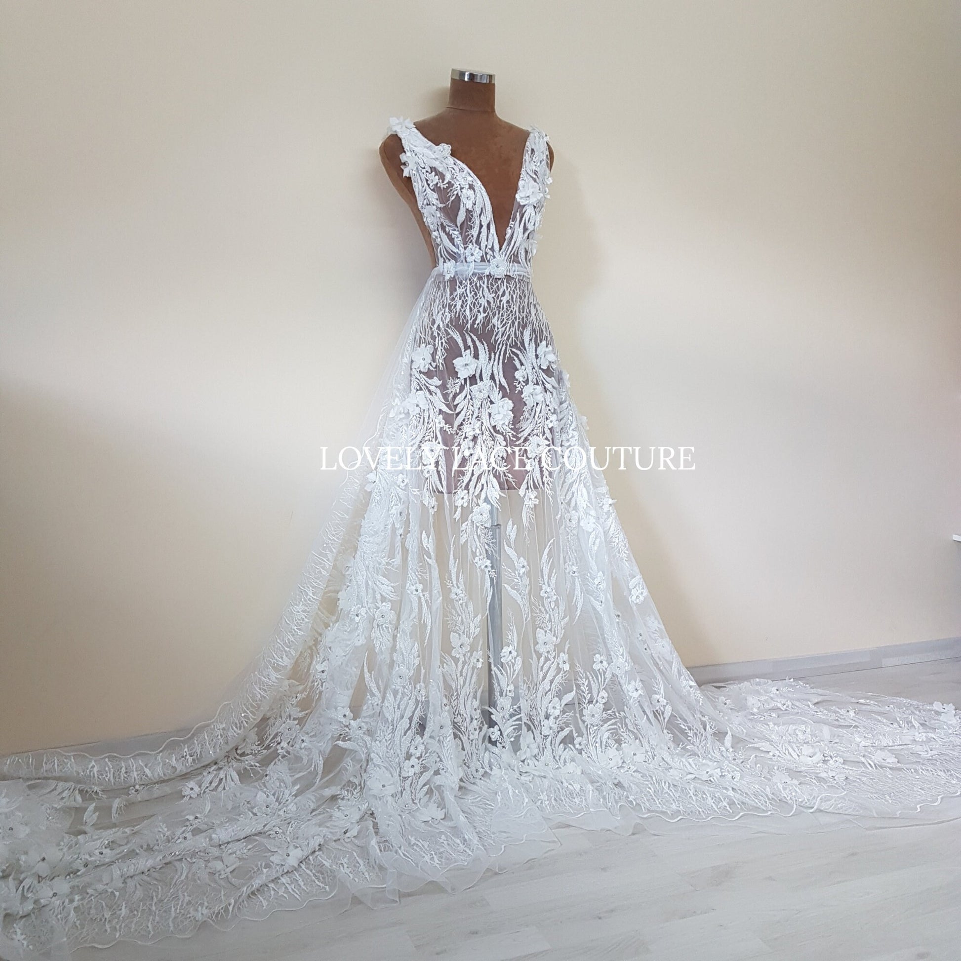 Gorgeous beaded bridal lace fabric with 3d flowers in off-white color, lace for gown, fabric per metre, article LL-1479