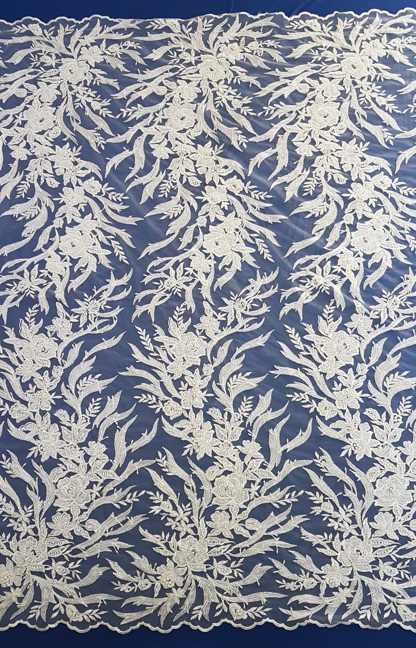 3D, Lace fabric, lace for gown with beads, crystal and sequins, white color, fabric by the yard, shop for fabric LL-1328
