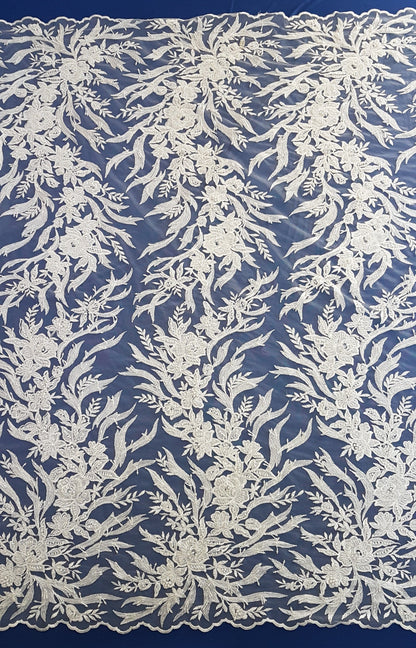 3D, Lace fabric, lace for gown with beads, crystal and sequins, white color, fabric by the yard, shop for fabric LL-1328