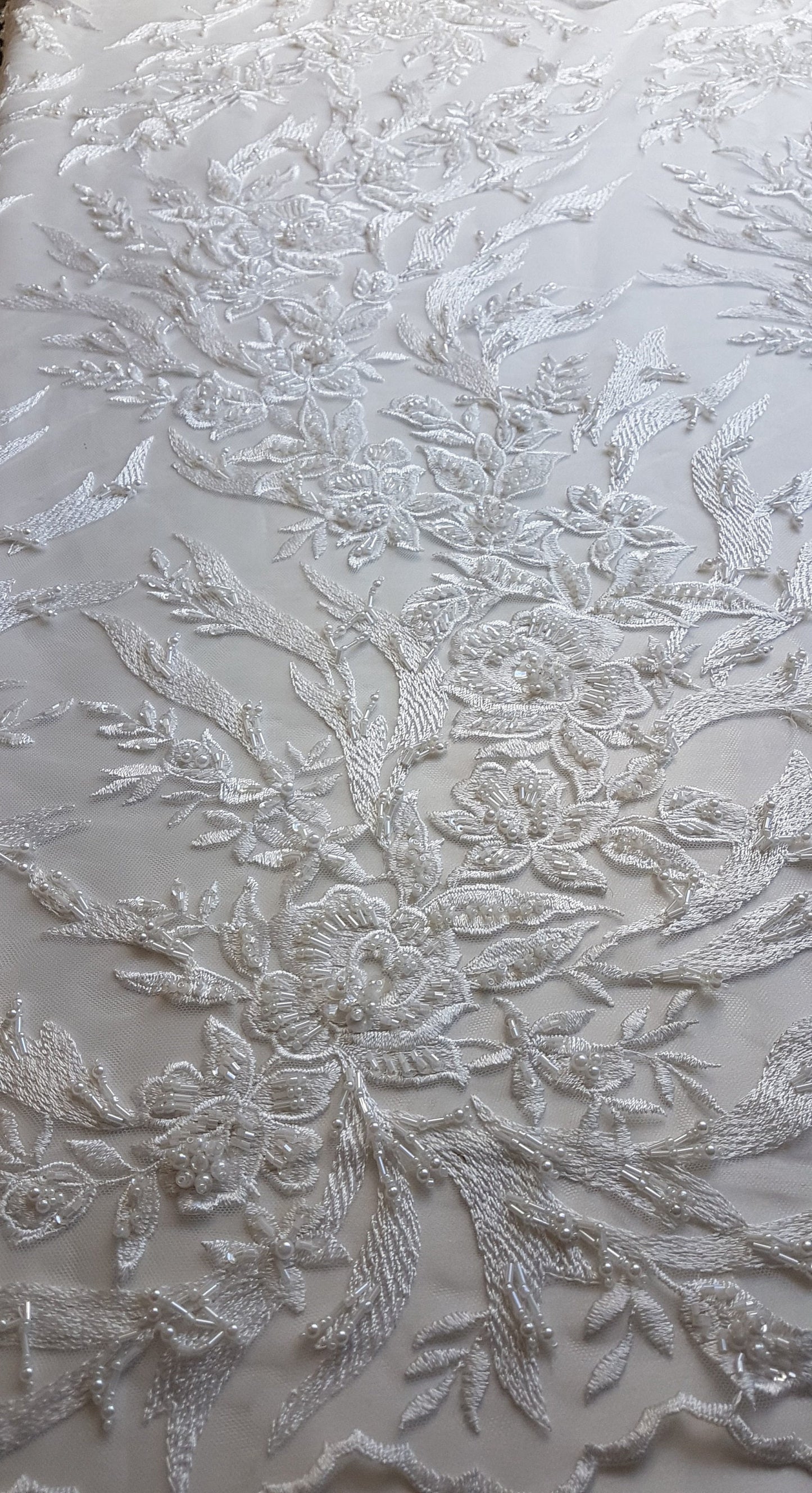3D, Lace fabric, lace for gown with beads, crystal and sequins, white color, fabric by the yard, shop for fabric LL-1328