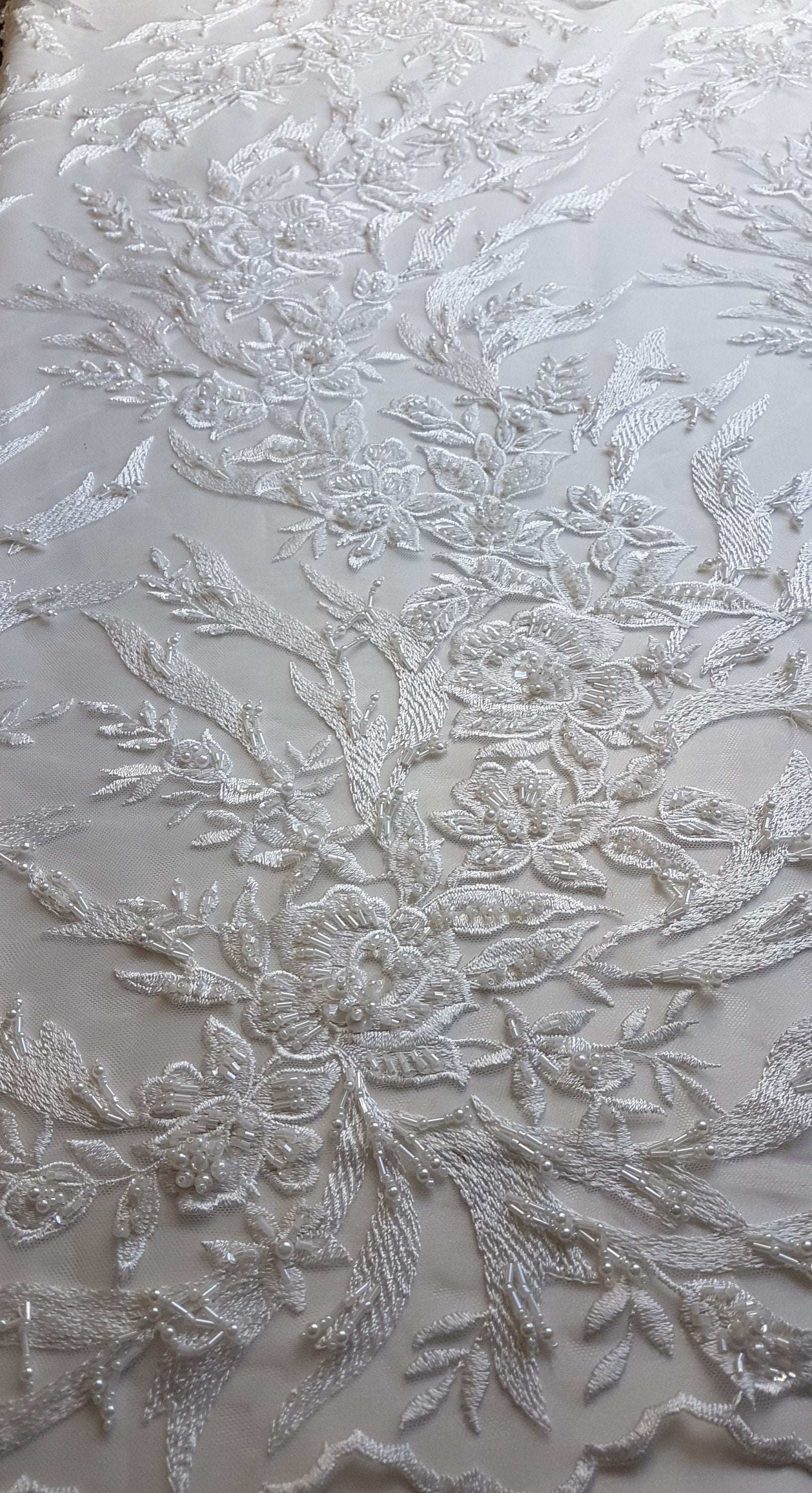 3D, Lace fabric, lace for gown with beads, crystal and sequins, white color, fabric by the yard, shop for fabric LL-1328