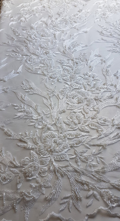 3D, Lace fabric, lace for gown with beads, crystal and sequins, white color, fabric by the yard, shop for fabric LL-1328