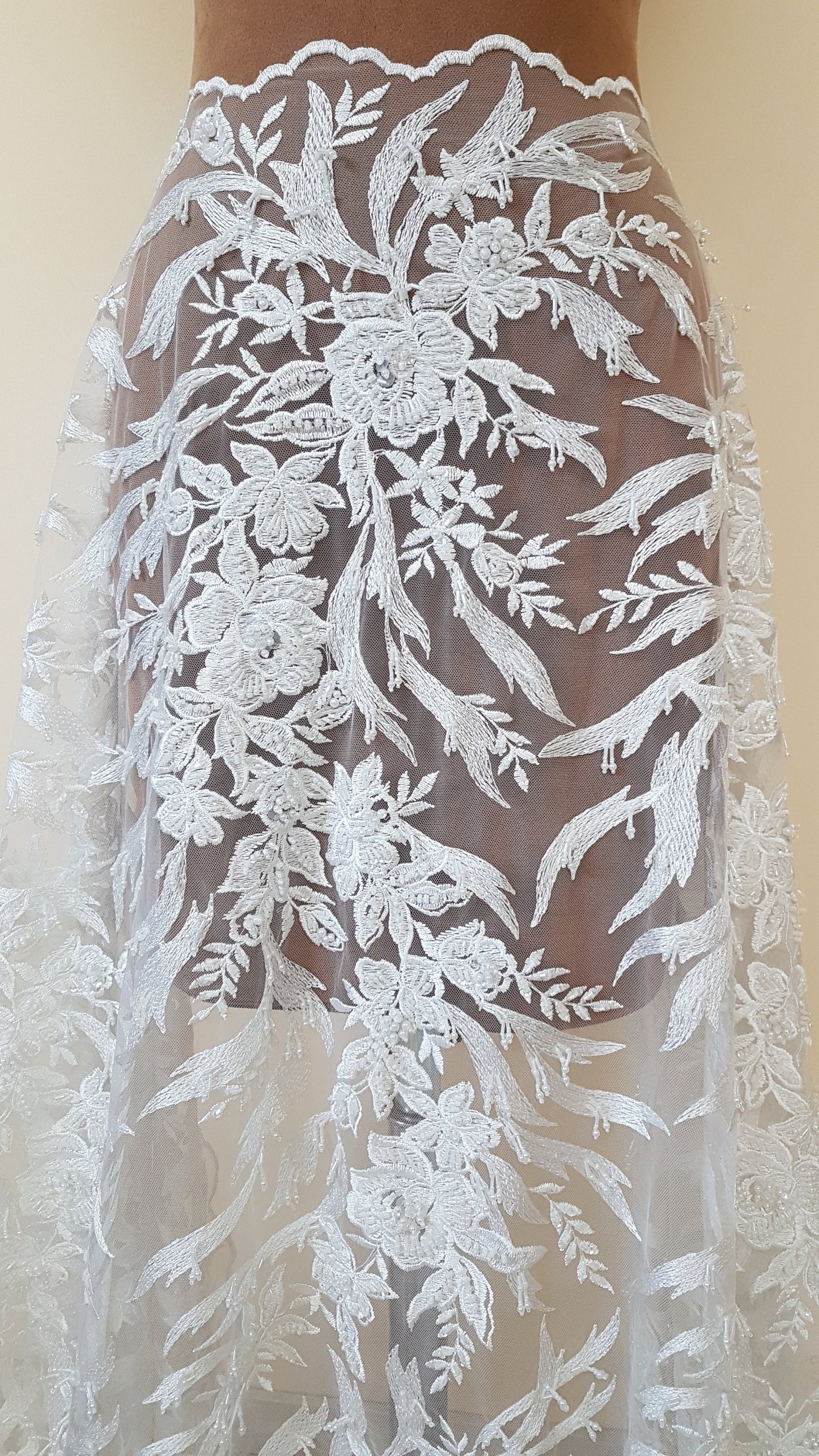 3D, Lace fabric, lace for gown with beads, crystal and sequins, white color, fabric by the yard, shop for fabric LL-1328