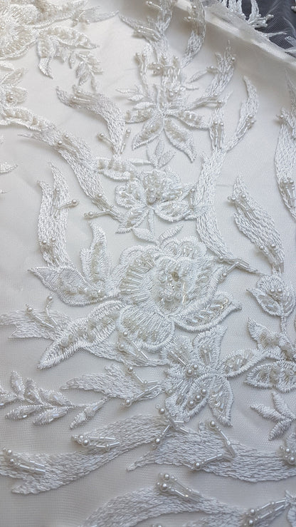 3D, Lace fabric, lace for gown with beads, crystal and sequins, white color, fabric by the yard, shop for fabric LL-1328