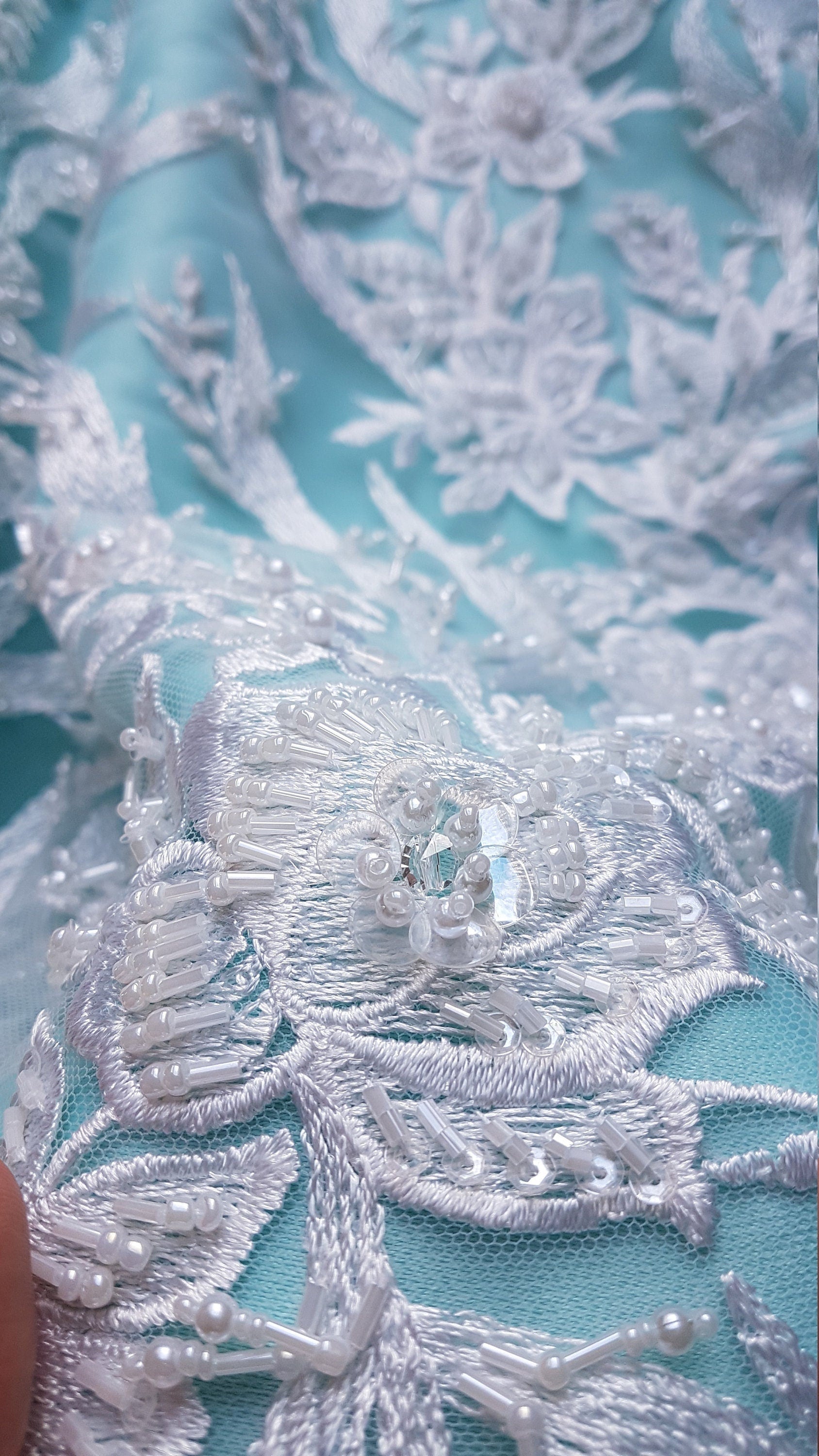 3D, Lace fabric, lace for gown with beads, crystal and sequins, white color, fabric by the yard, shop for fabric LL-1328