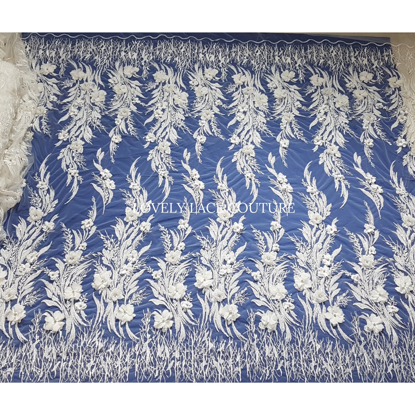 Gorgeous beaded bridal lace fabric with 3d flowers in off-white color, lace for gown, fabric per metre, article LL-1479