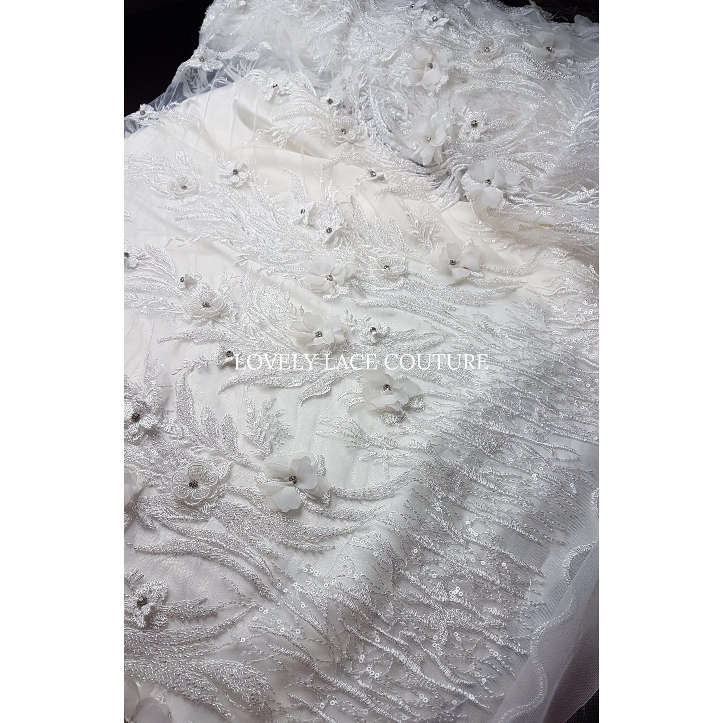 Gorgeous beaded bridal lace fabric with 3d flowers in off-white color, lace for gown, fabric per metre, article LL-1479