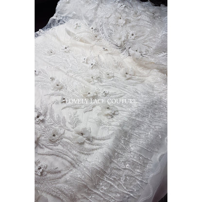 Gorgeous beaded bridal lace fabric with 3d flowers in off-white color, lace for gown, fabric per metre, article LL-1479
