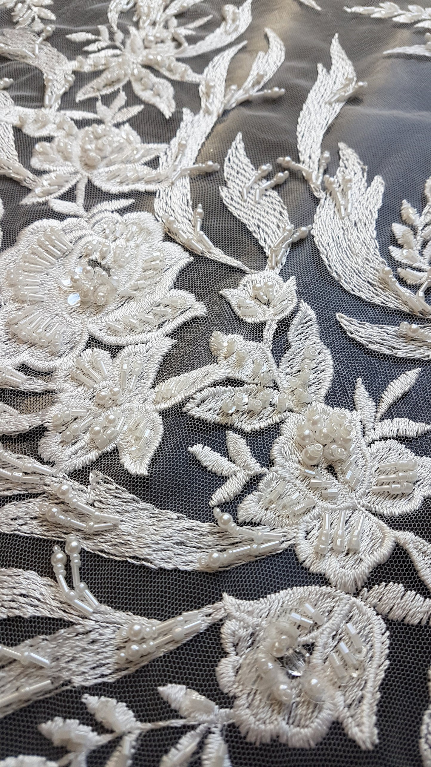 3D, Lace fabric, lace for gown with beads, crystal and sequins, white color, fabric by the yard, shop for fabric LL-1328