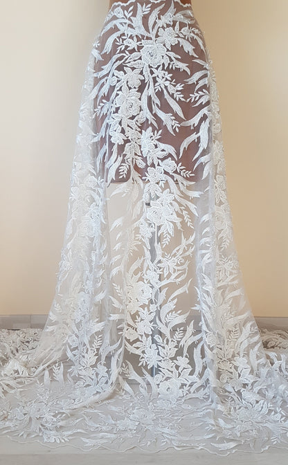 3D, Lace fabric, lace for gown with beads, crystal and sequins, white color, fabric by the yard, shop for fabric LL-1328