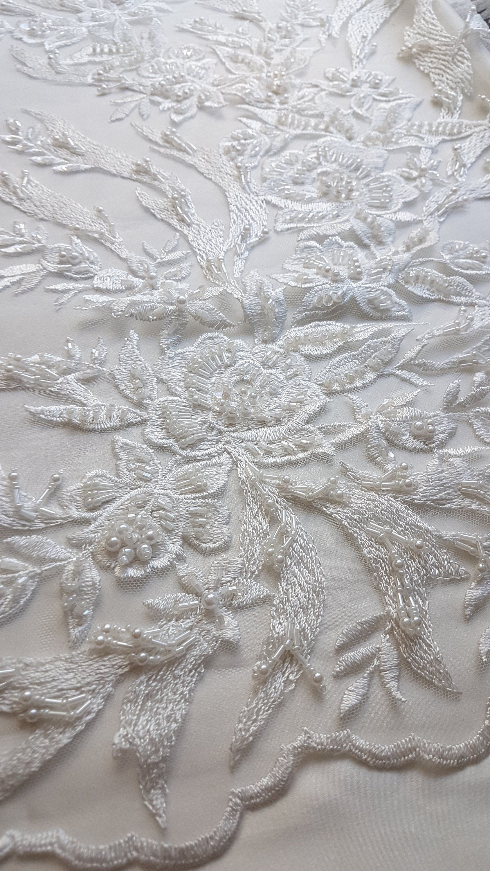 3D, Lace fabric, lace for gown with beads, crystal and sequins, white color, fabric by the yard, shop for fabric LL-1328