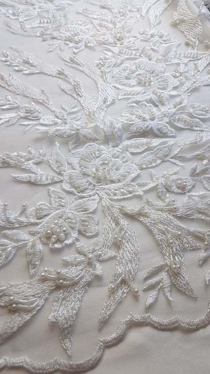 3D, Lace fabric, lace for gown with beads, crystal and sequins, white color, fabric by the yard, shop for fabric LL-1328