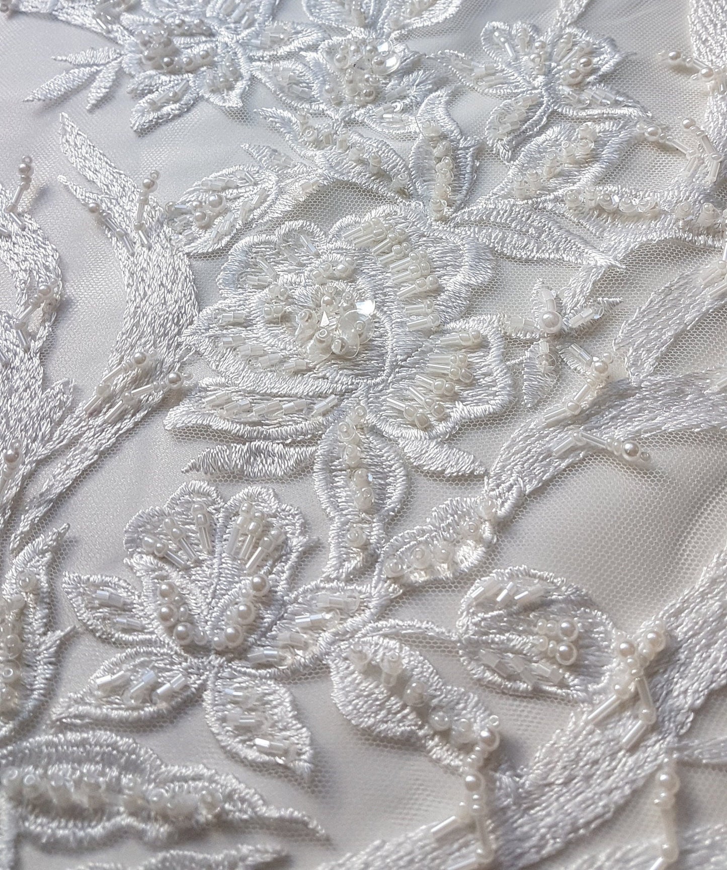 3D, Lace fabric, lace for gown with beads, crystal and sequins, white color, fabric by the yard, shop for fabric LL-1328