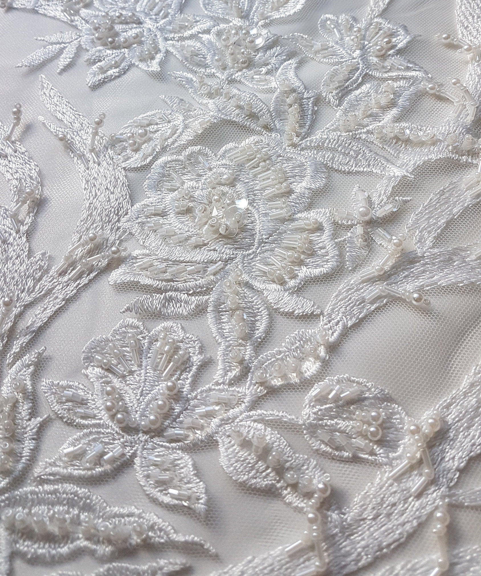 3D, Lace fabric, lace for gown with beads, crystal and sequins, white color, fabric by the yard, shop for fabric LL-1328