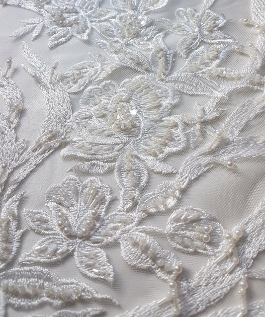 3D, Lace fabric, lace for gown with beads, crystal and sequins, white color, fabric by the yard, shop for fabric LL-1328
