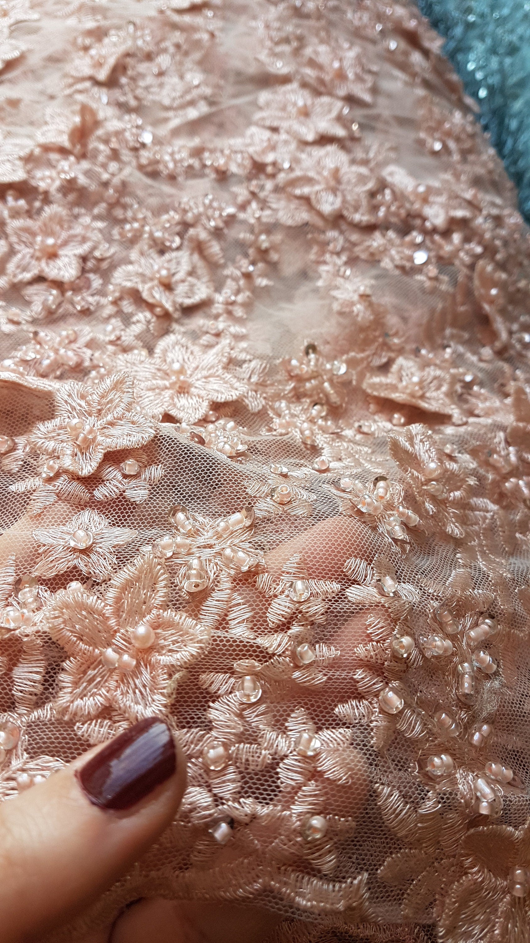 Gorgeous Lace fabric with 3D-Flowers in lovely rosé color, allover design, fabric per metre, LL-1331