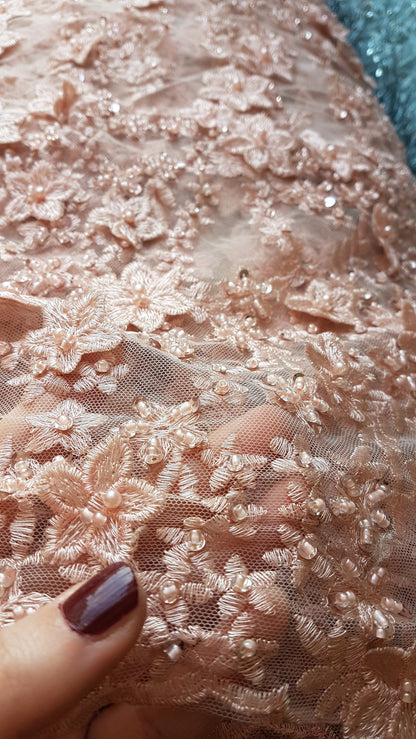 Gorgeous Lace fabric with 3D-Flowers in lovely rosé color, allover design, fabric per metre, LL-1331