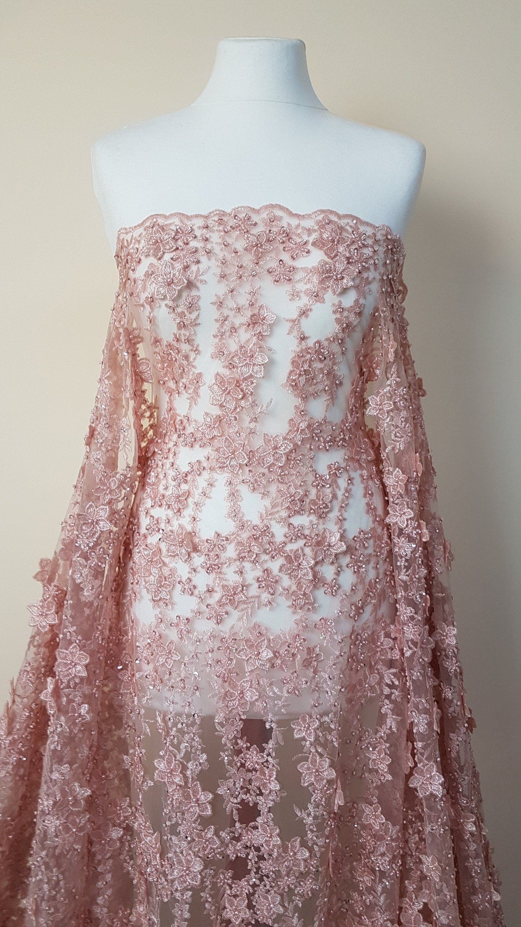 Gorgeous Lace fabric with 3D-Flowers in lovely rosé color, allover design, fabric per metre, LL-1331