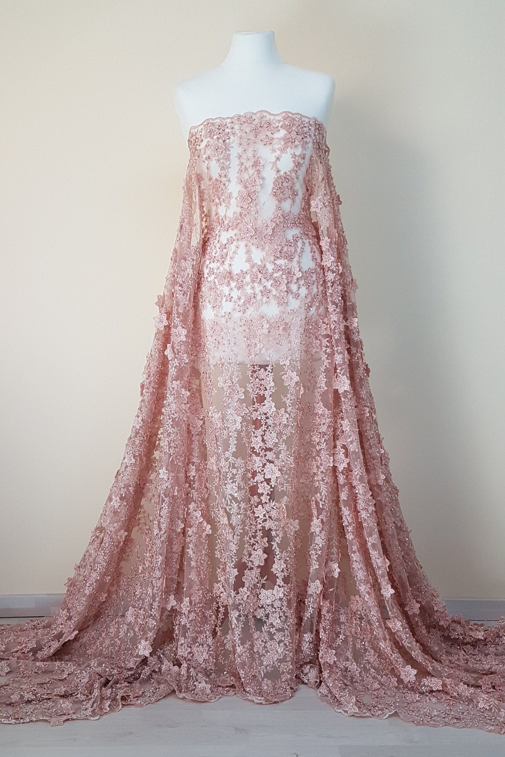 Gorgeous Lace fabric with 3D-Flowers in lovely rosé color, allover design, fabric per metre, LL-1331