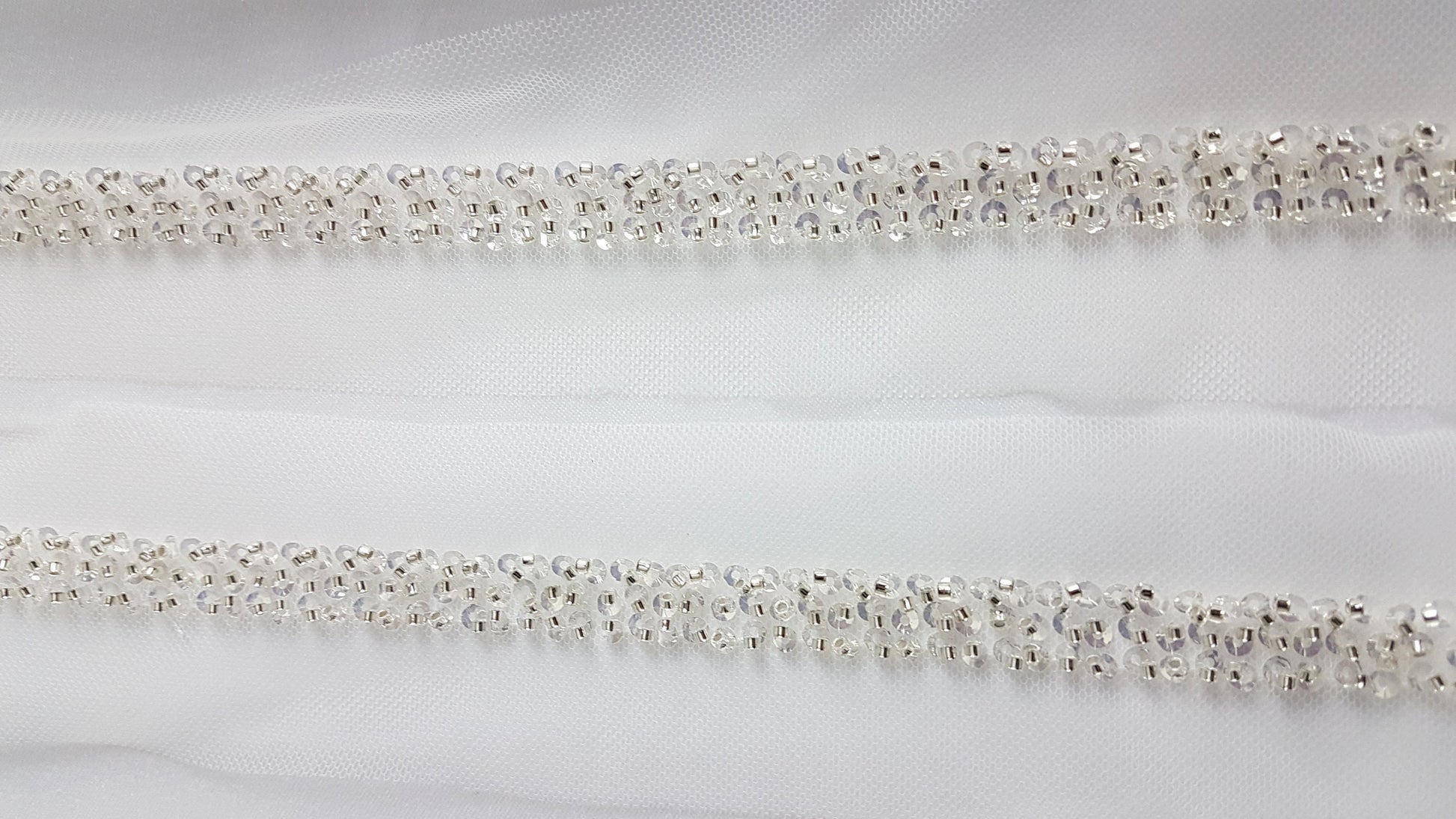 Beaded lace trim in white color, bridal lace trim with beads, Ribbon Lace for bridal or wedding dresses, 140cm length, 1,2cm wide, LL-1480