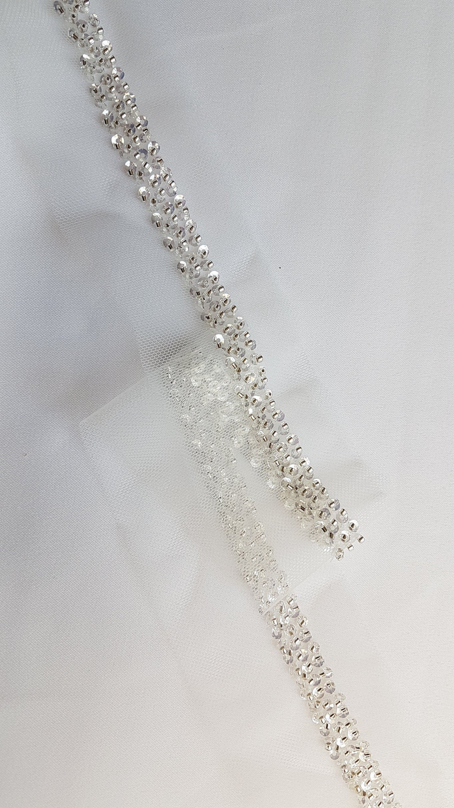 Beaded lace trim in white color, bridal lace trim with beads, Ribbon Lace for bridal or wedding dresses, 140cm length, 1,2cm wide, LL-1480