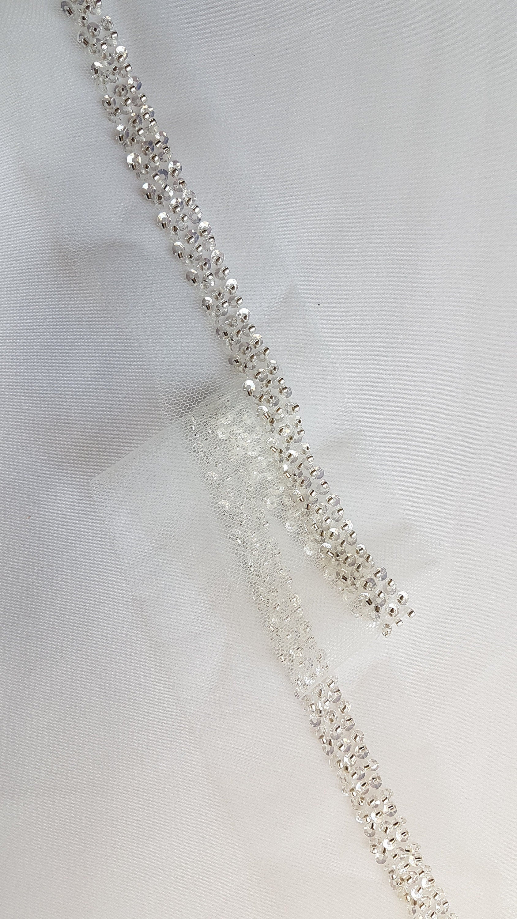 Beaded lace trim in white color, bridal lace trim with beads, Ribbon Lace for bridal or wedding dresses, 140cm length, 1,2cm wide, LL-1480