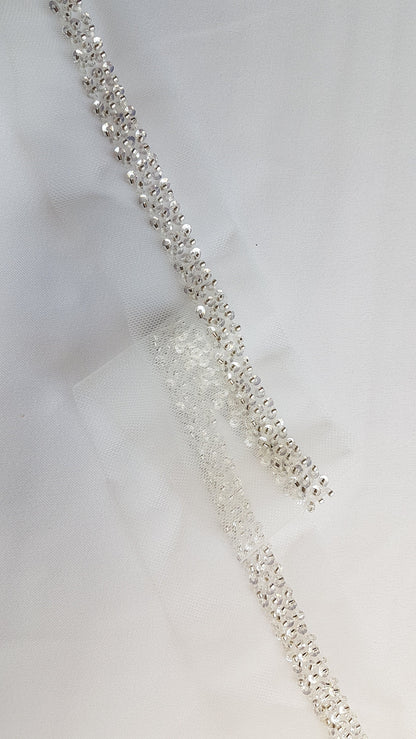 Beaded lace trim in white color, bridal lace trim with beads, Ribbon Lace for bridal or wedding dresses, 140cm length, 1,2cm wide, LL-1480