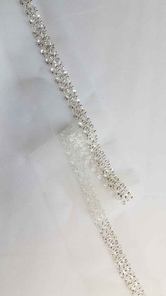 Beaded lace trim in white color, bridal lace trim with beads, Ribbon Lace for bridal or wedding dresses, 140cm length, 1,2cm wide, LL-1480
