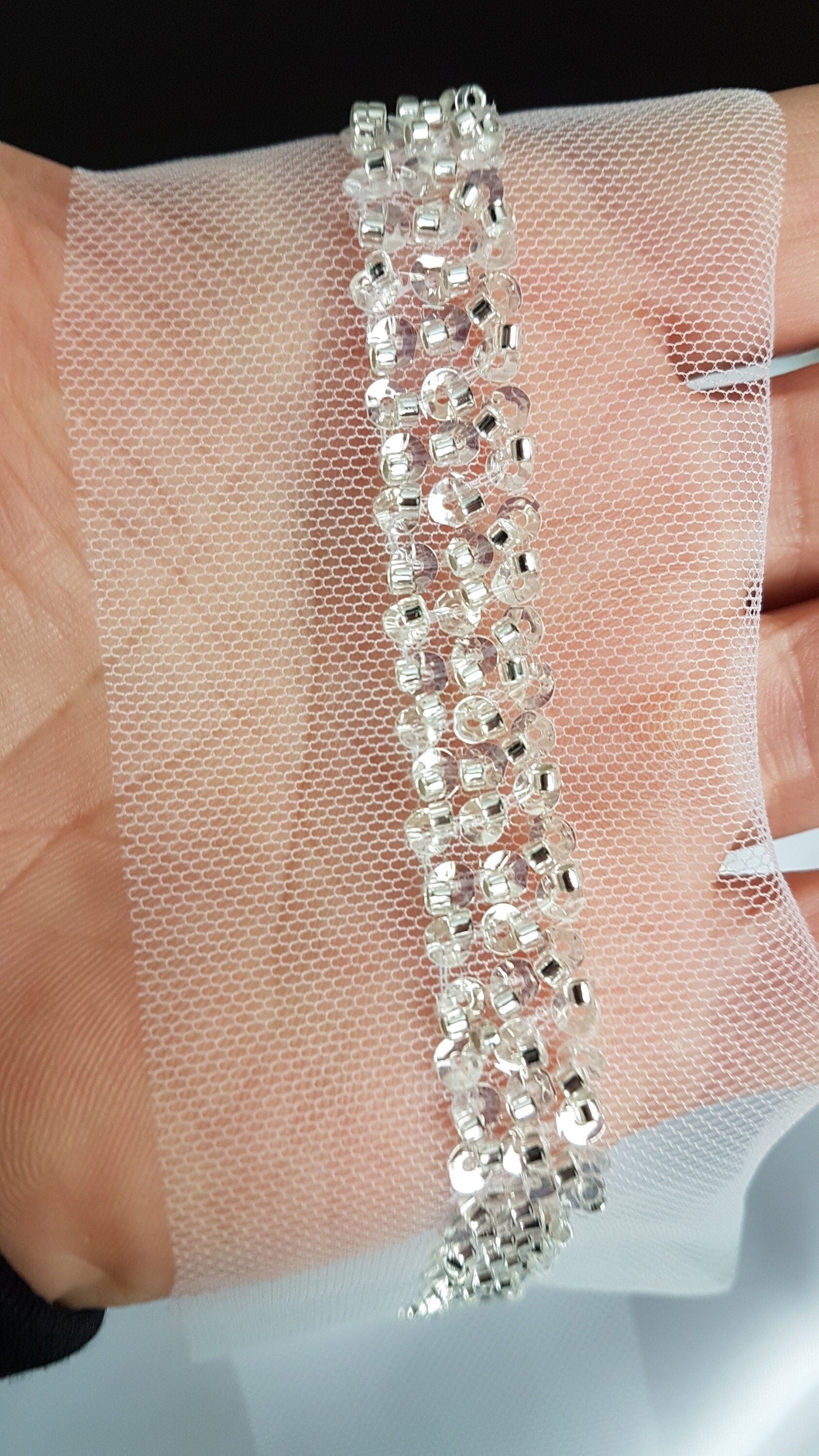Beaded lace trim in white color, bridal lace trim with beads, Ribbon Lace for bridal or wedding dresses, 140cm length, 1,2cm wide, LL-1480