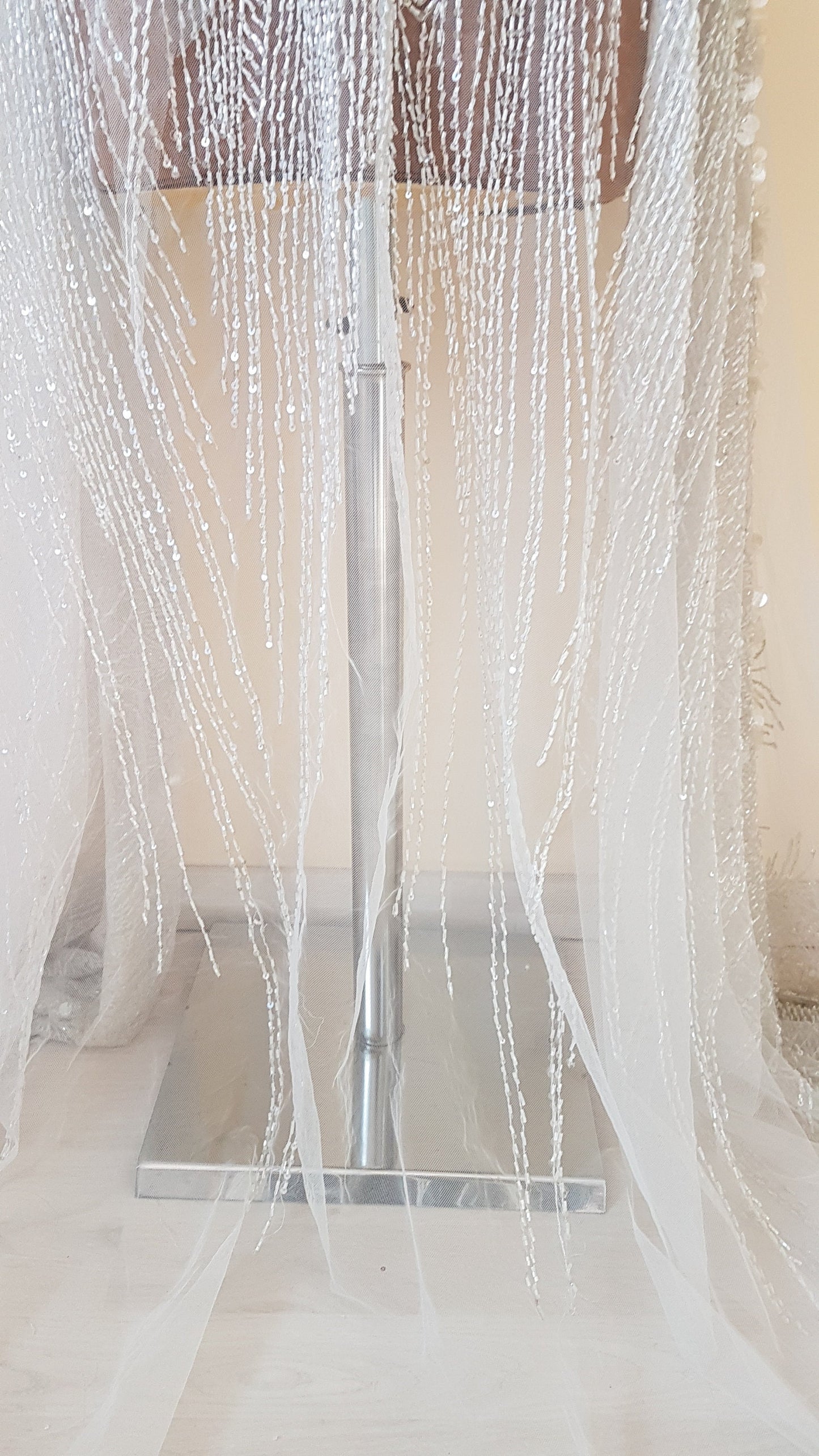Heavy beaded bridal lace fabric in ivory color, with swarovski stones and big transparent sequins for stunning wedding dresses, LL-1141