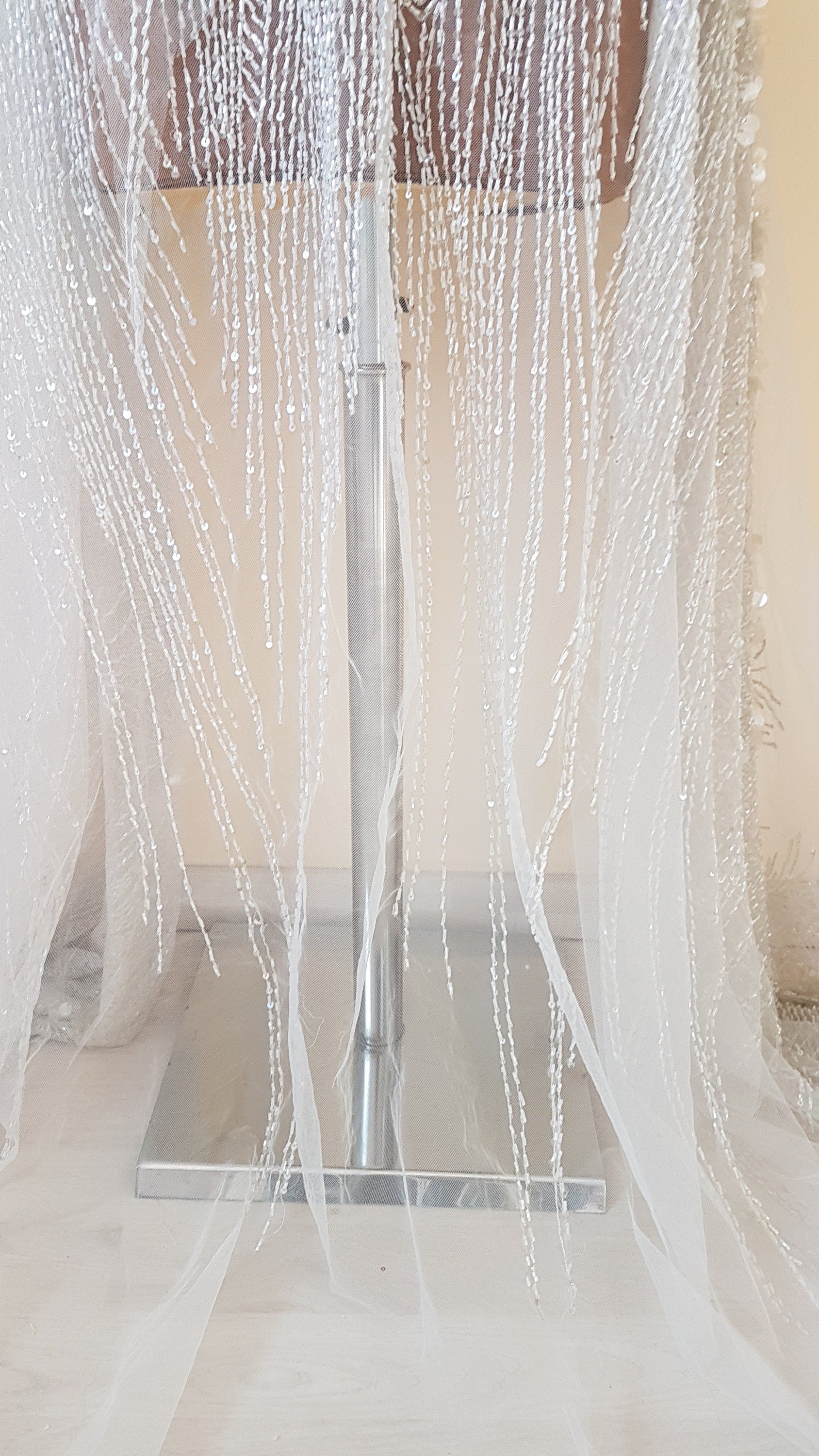 Heavy beaded bridal lace fabric in ivory color, with swarovski stones and big transparent sequins for stunning wedding dresses, LL-1141
