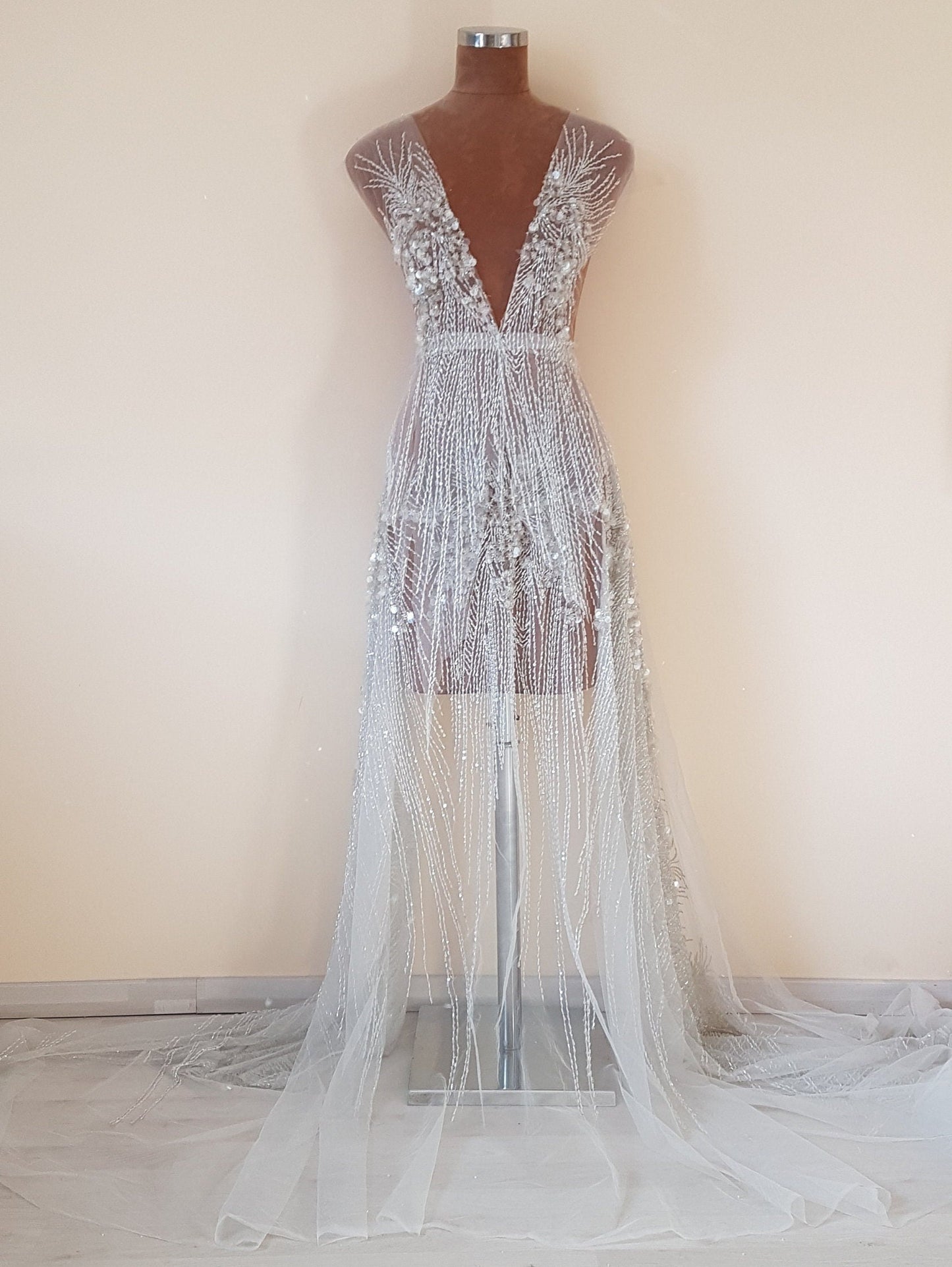 Heavy beaded bridal lace fabric in ivory color, with swarovski stones and big transparent sequins for stunning wedding dresses, LL-1141