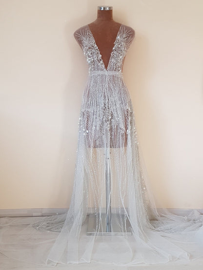 Heavy beaded bridal lace fabric in ivory color, with swarovski stones and big transparent sequins for stunning wedding dresses, LL-1141