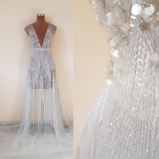 Heavy beaded bridal lace fabric in ivory color, with swarovski stones and big transparent sequins for stunning wedding dresses, LL-1141