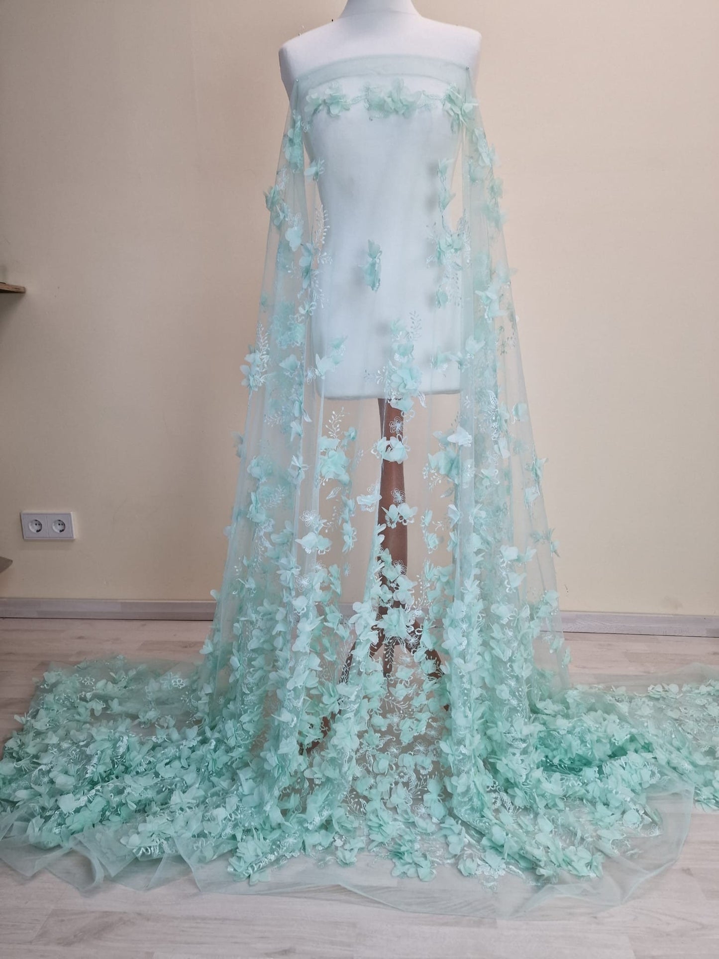 LL-1452, soft bridal lace fabric with big 3d flowers in mint color