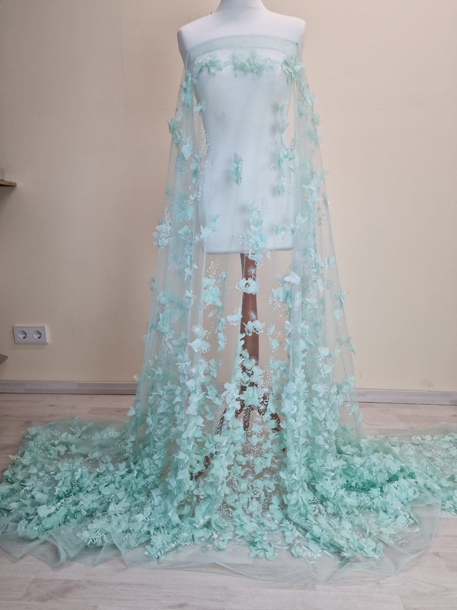 LL-1452, soft bridal lace fabric with big 3d flowers in mint color