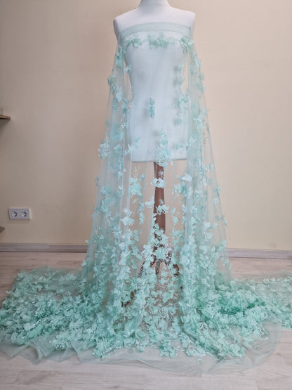 LL-1452, soft bridal lace fabric with big 3d flowers in mint color