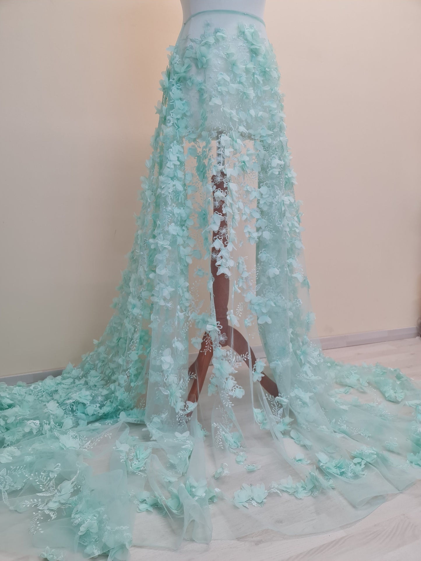 LL-1452, soft bridal lace fabric with big 3d flowers in mint color